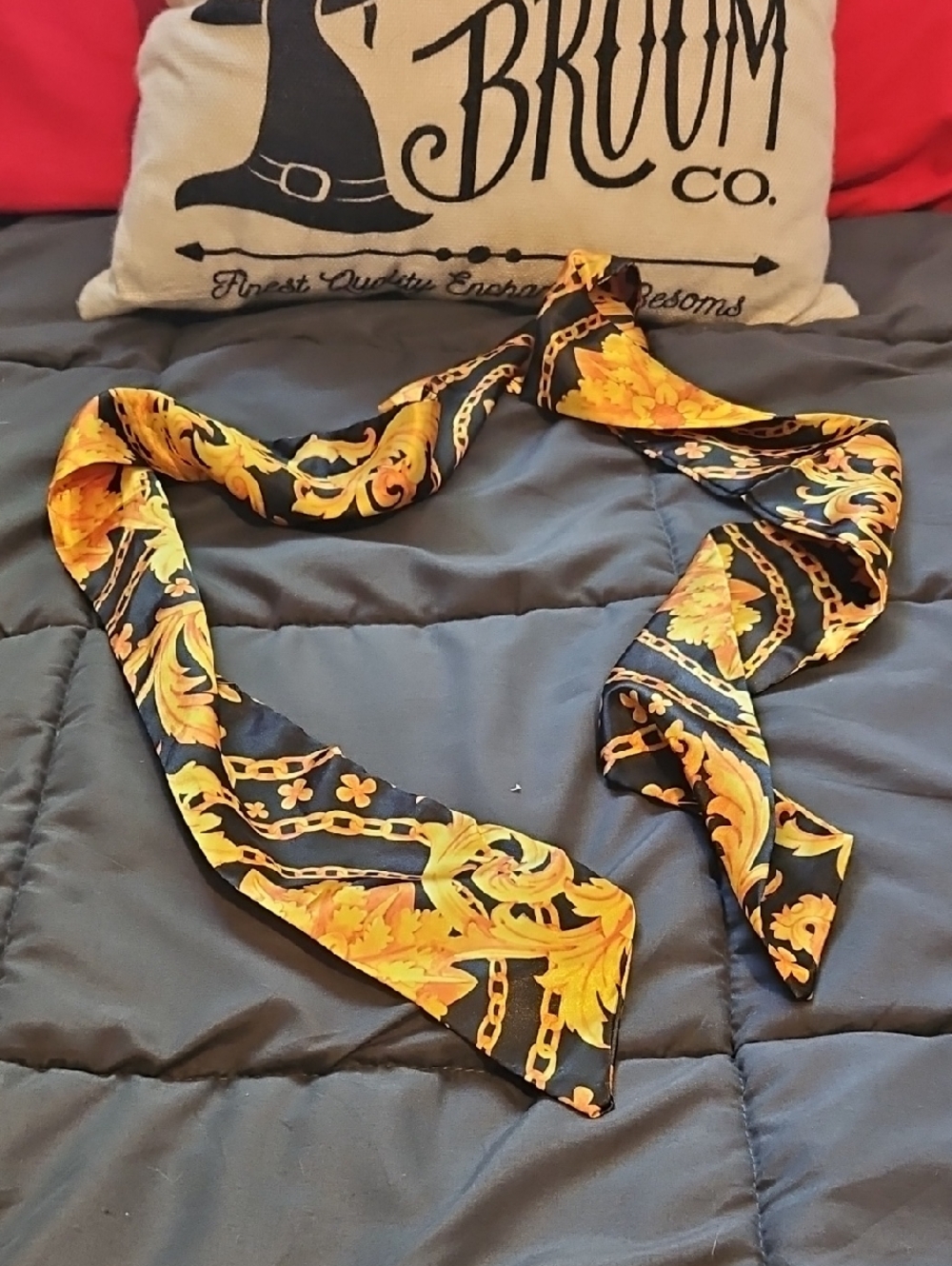 Versace Jean Couture Baroque Print Skinny Scarf in Black and Gold